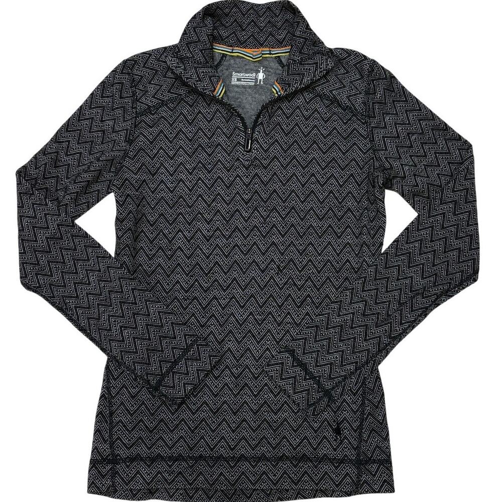 Smartwool Shirt Womens Size XS Black Gray Merino Wool 1/4 Base Layer Long Sleeve
